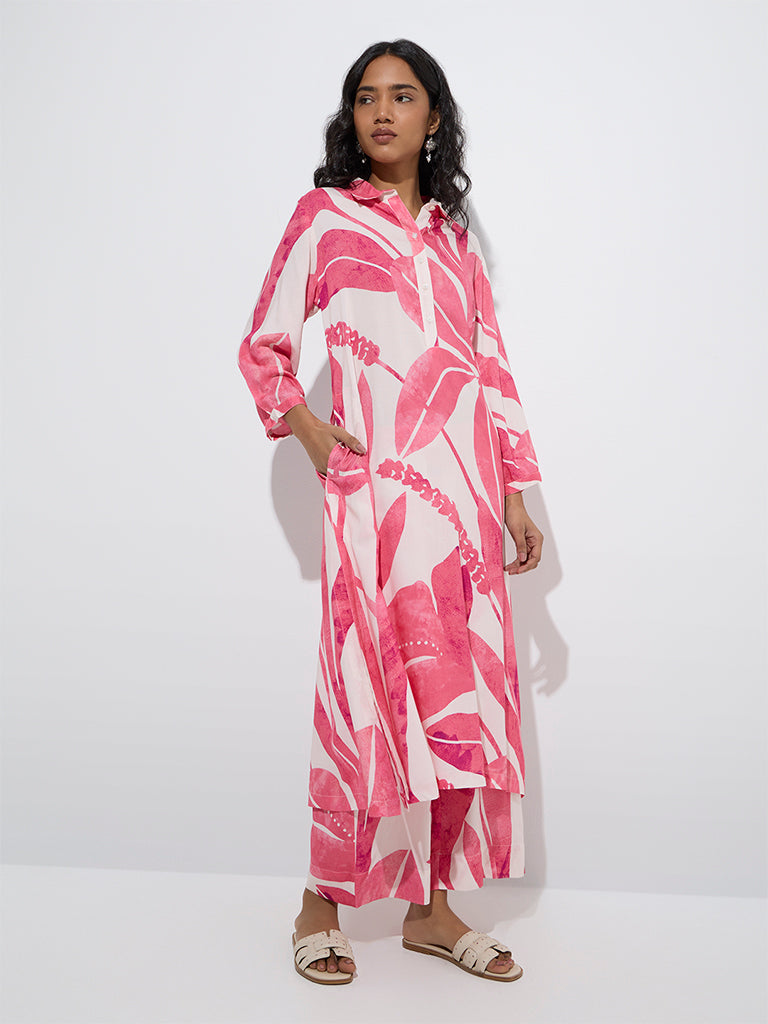 Utsa Pink Foliage Printed A-Line Kurta - Image 2