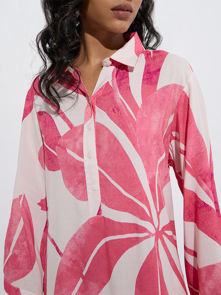 Utsa Pink Foliage Printed A-Line Kurta - Image 3