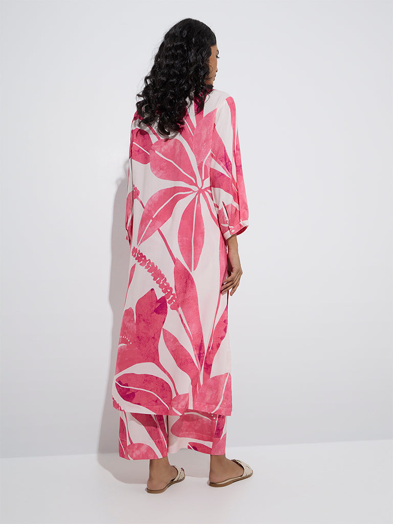 Utsa Pink Foliage Printed A-Line Kurta - Image 4