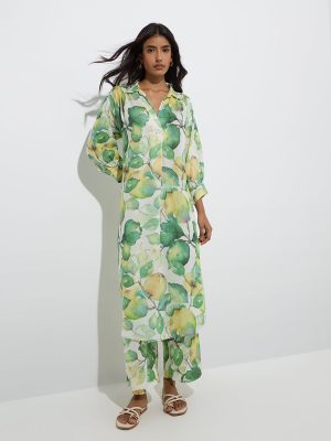 Utsa Lime Botanical Design A-Line Kurta