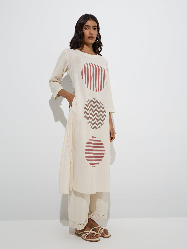 Utsa Off-White Bird Printed Cotton-Blend A-Line Kurta