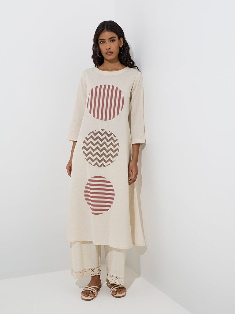Utsa Off-White Bird Printed Cotton-Blend A-Line Kurta - Image 2
