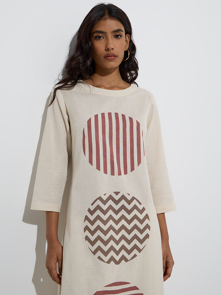 Utsa Off-White Bird Printed Cotton-Blend A-Line Kurta - Image 3