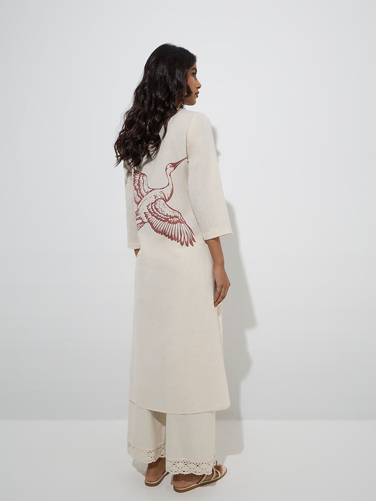 Utsa Off-White Bird Printed Cotton-Blend A-Line Kurta - Image 4