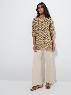 Utsa Beige Floral Design Cotton-Blend Tunic