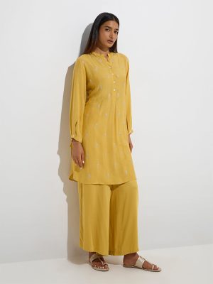 Zuba Mustard Floral Embroidered A-Line Kurta