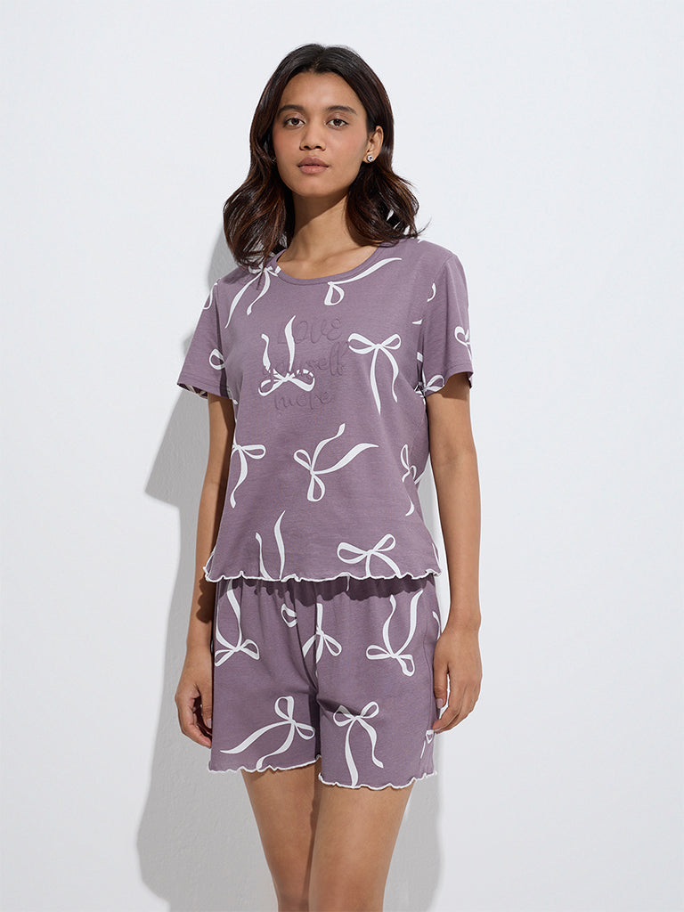 Wunderlove Purple Printed Cotton T-Shirt and Shorts Set In A Bag - Image 2