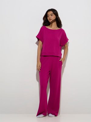 Wunderlove Fuchsia Ribbed-Textured High-Rise Pants