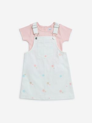 HOP Kids Off-White Embroidered Cotton Pinafore with T-Shirt Set
