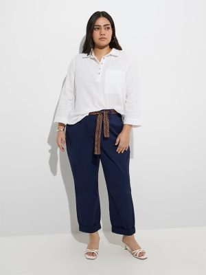 Gia Navy Solid High-Rise Cotton-Blend Trousers with Belt