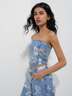 Nuon Blue Floral Design Denim Tube Top