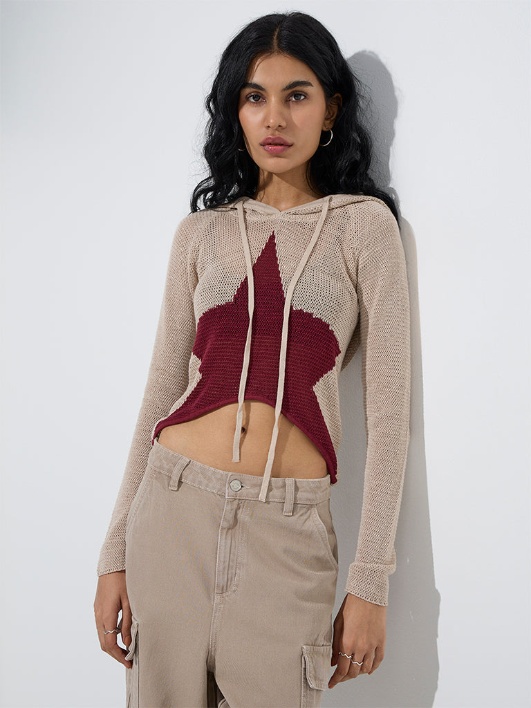 Nuon Beige Knit-Textured Cotton Top