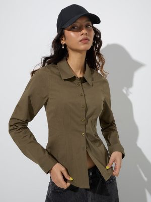 Nuon Olive Solid Cotton Shirt