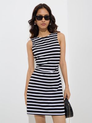 Nuon Black Striped Cotton-Blend Straight Dress