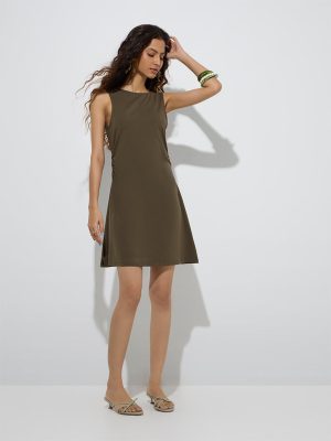 Nuon Olive Solid Cotton-Blend A-Line Dress