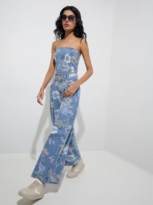 Nuon Blue Floral Design Relaxed-Fit High-Rise Jeans