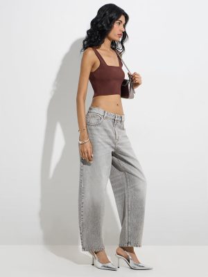 Nuon Grey Washed Relaxed-Fit High-Rise Jeans