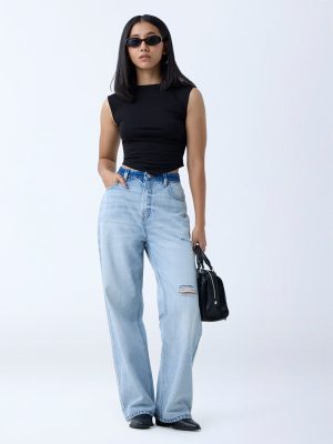 Nuon Light Blue Distressed Relaxed-Fit High-Rise Jeans