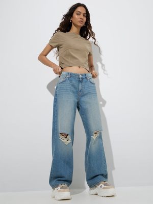 Nuon Blue Distressed Relaxed-Fit High-Rise Jeans