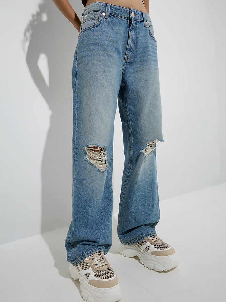 Nuon Blue Distressed Relaxed-Fit High-Rise Jeans - Image 3