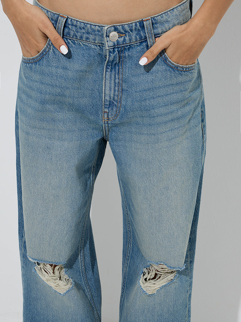 Nuon Blue Distressed Relaxed-Fit High-Rise Jeans - Image 4
