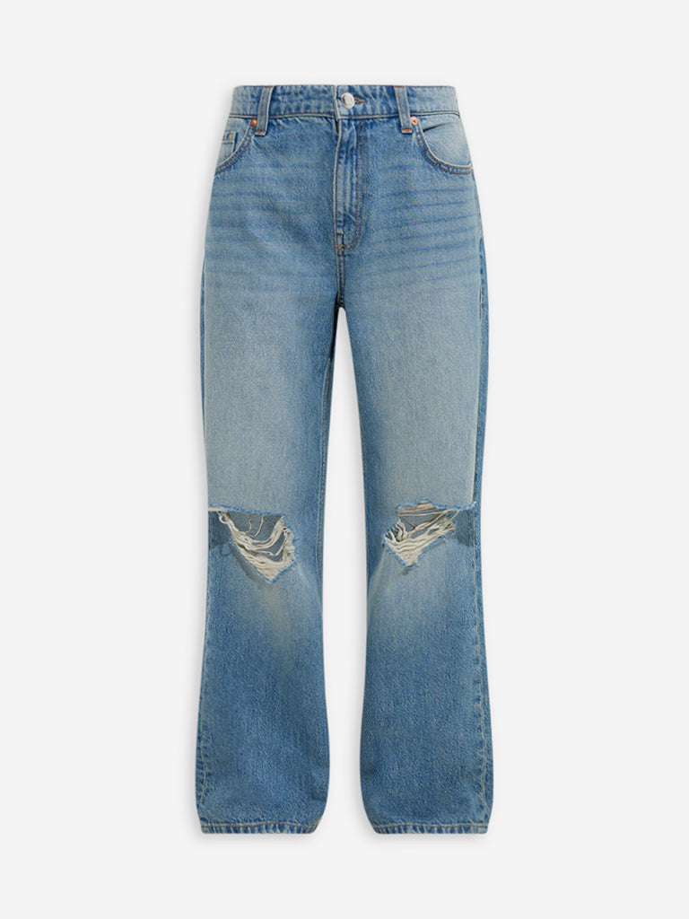 Nuon Blue Distressed Relaxed-Fit High-Rise Jeans - Image 6