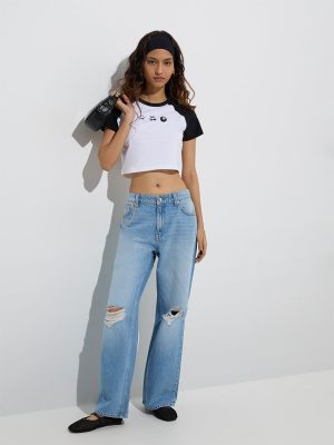 Nuon Light Blue Distressed Relaxed-Fit High-Rise Jeans