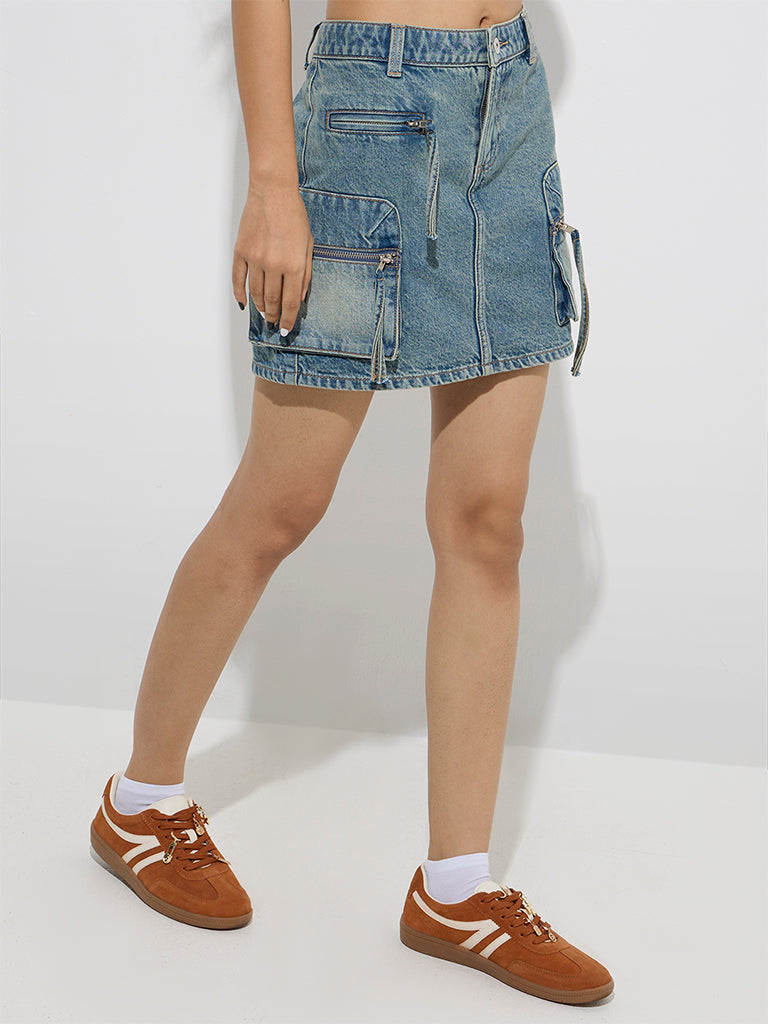 Nuon Blue Washed High-Rise Denim Skirt - Image 3