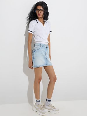 Nuon White Cable-Knitted Cotton Polo T-Shirt