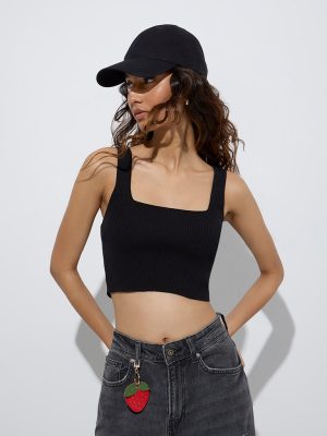 Nuon Black Ribbed-Textured Crop Top