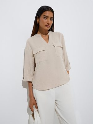 Wardrobe Beige Crinkle-Textured Blouse