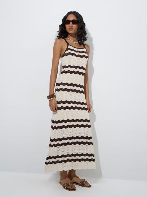 LOV Off-White Knit-Textured Cotton-Blend Straight Dress
