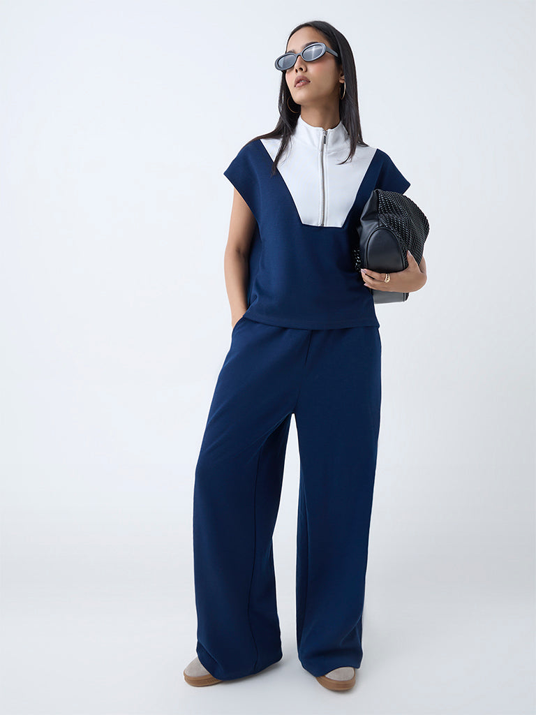 LOV Navy Colour-Blocked Quarter-Zip T-Shirt - Image 2