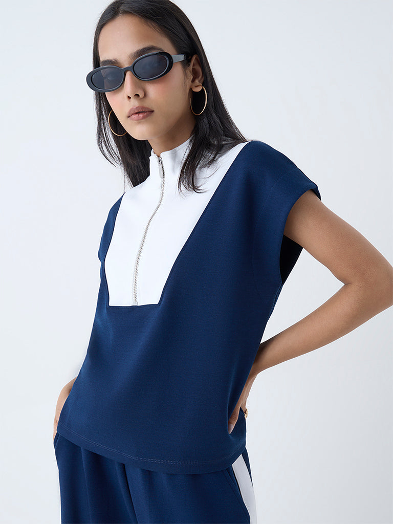 LOV Navy Colour-Blocked Quarter-Zip T-Shirt