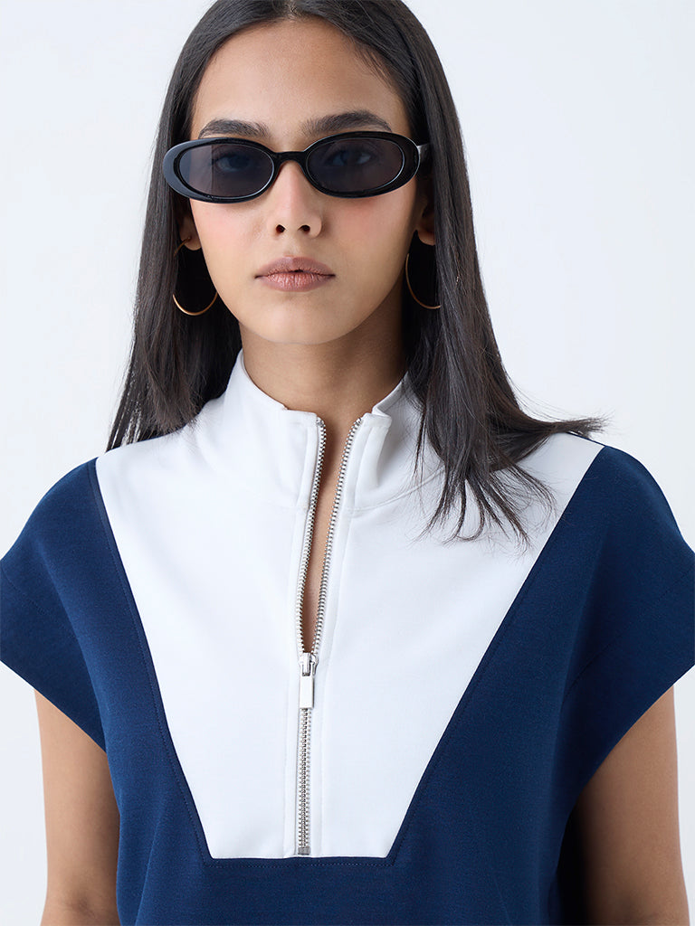 LOV Navy Colour-Blocked Quarter-Zip T-Shirt - Image 3