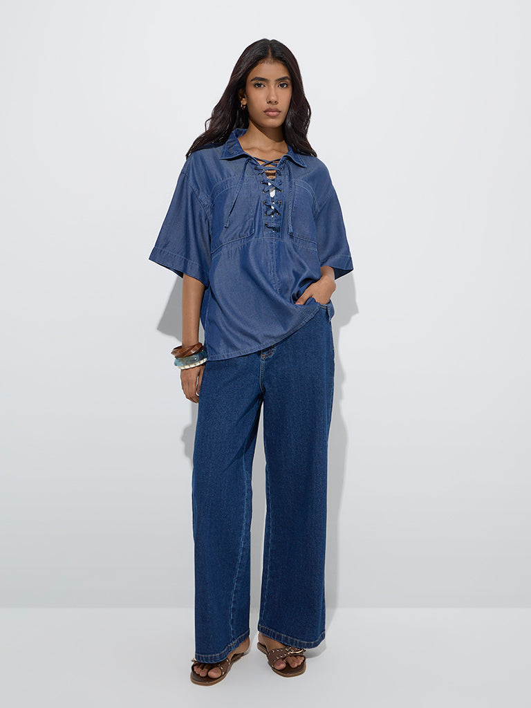 LOV Dark Blue Criss-Cross Detailed Chambray Top - Image 2