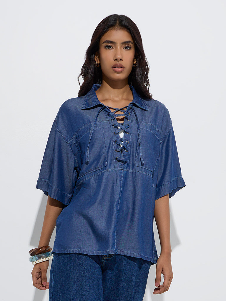 LOV Dark Blue Criss-Cross Detailed Chambray Top