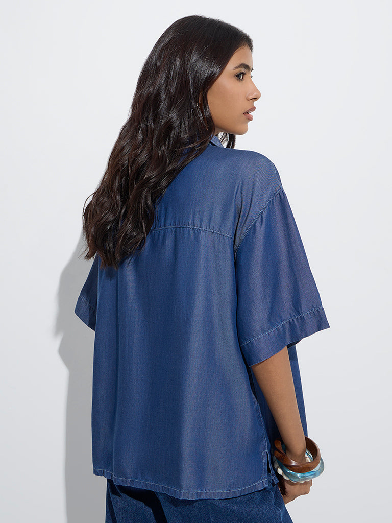 LOV Dark Blue Criss-Cross Detailed Chambray Top - Image 4