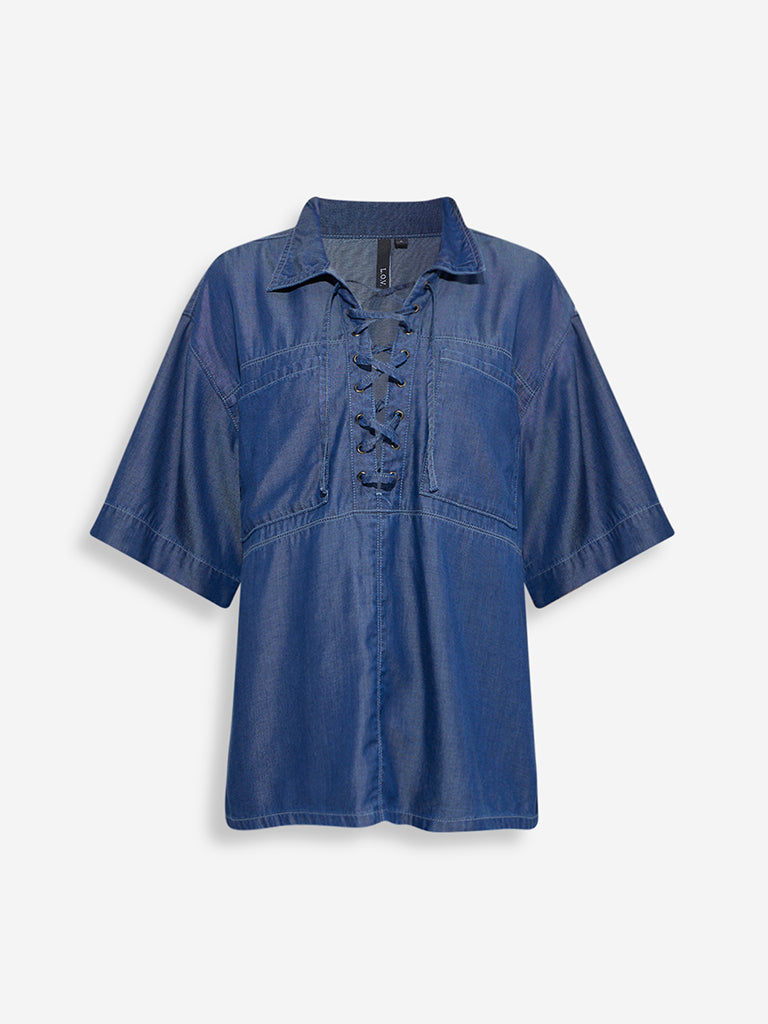 LOV Dark Blue Criss-Cross Detailed Chambray Top - Image 5