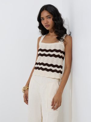 LOV Off-White Crochet-Detailed Cotton-Blend Top