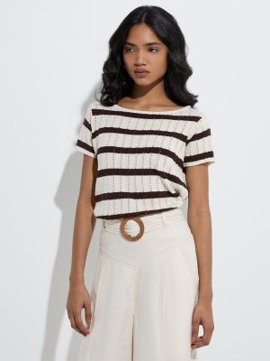 LOV Off-White Knitted Cotton-Blend Top