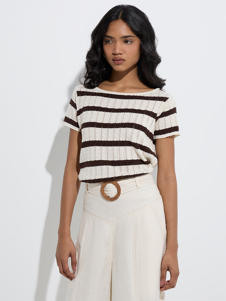 LOV Off-White Knitted Cotton-Blend Top