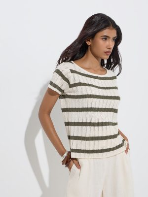 LOV Olive Knitted Cotton-Blend Top