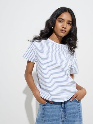 LOV Blue Stripe Pattern Cotton-Blend T-Shirt