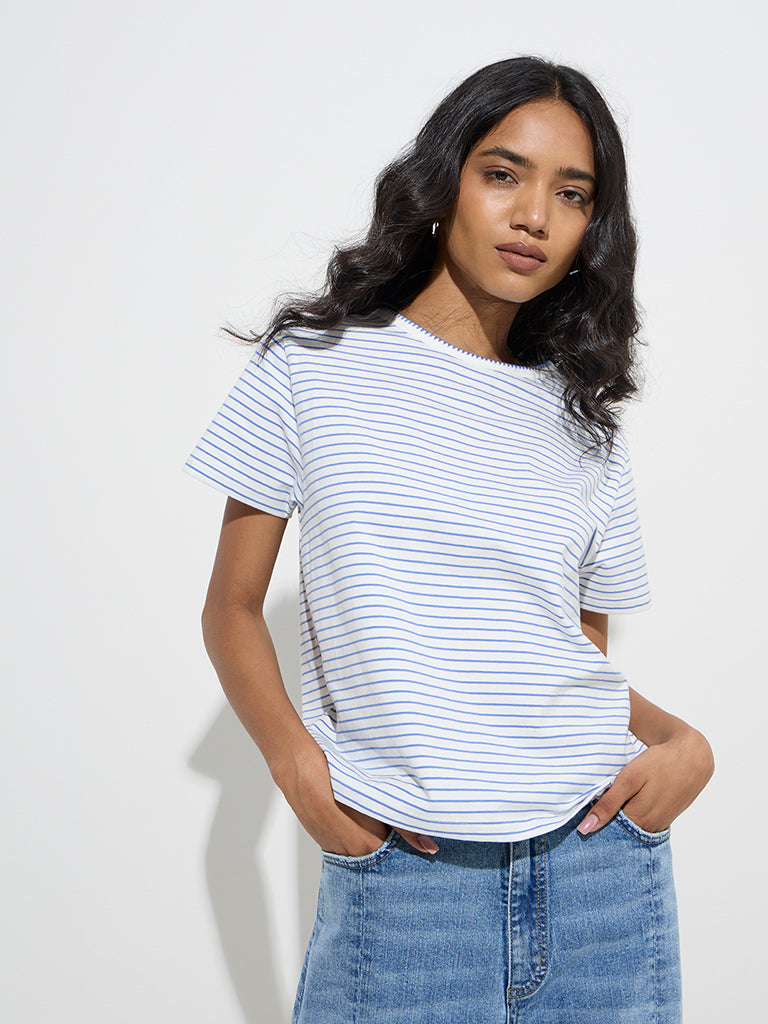 LOV Blue Stripe Pattern Cotton-Blend T-Shirt