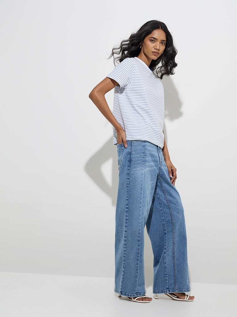 LOV Blue Stripe Pattern Cotton-Blend T-Shirt - Image 3