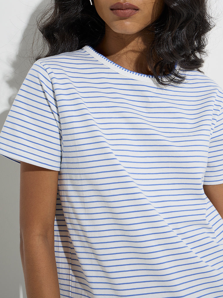 LOV Blue Stripe Pattern Cotton-Blend T-Shirt - Image 4