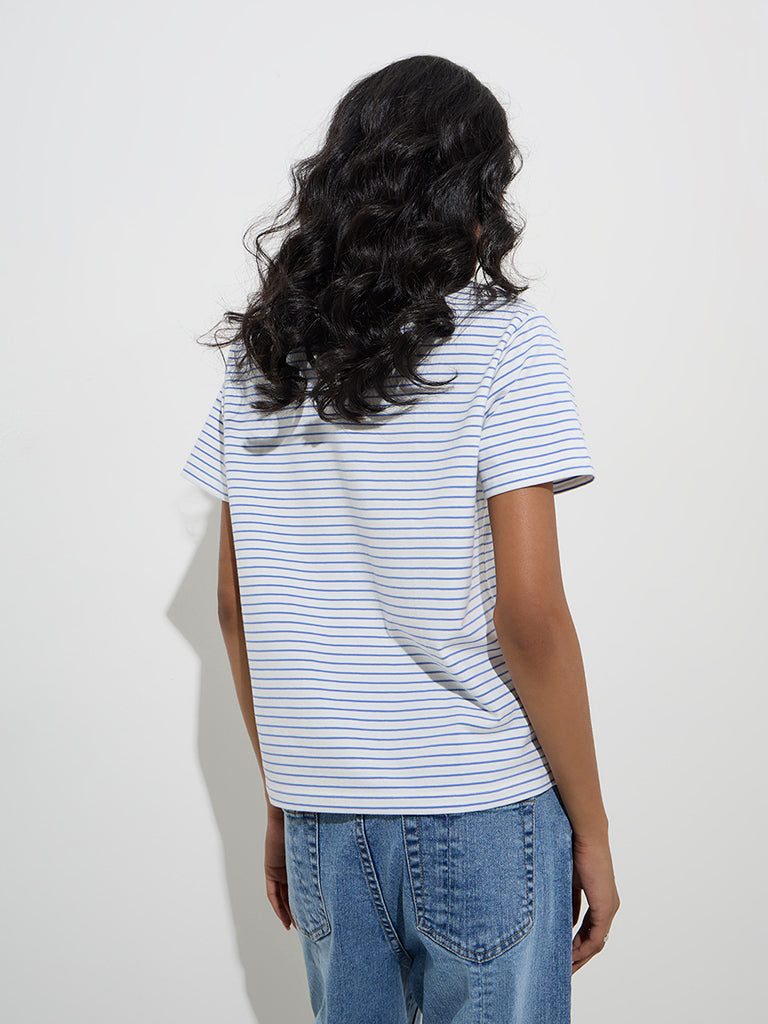LOV Blue Stripe Pattern Cotton-Blend T-Shirt - Image 5