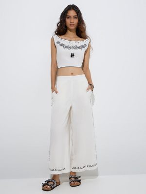 Bombay Paisley Off-White Embroidered Cotton-Blend Palazzos