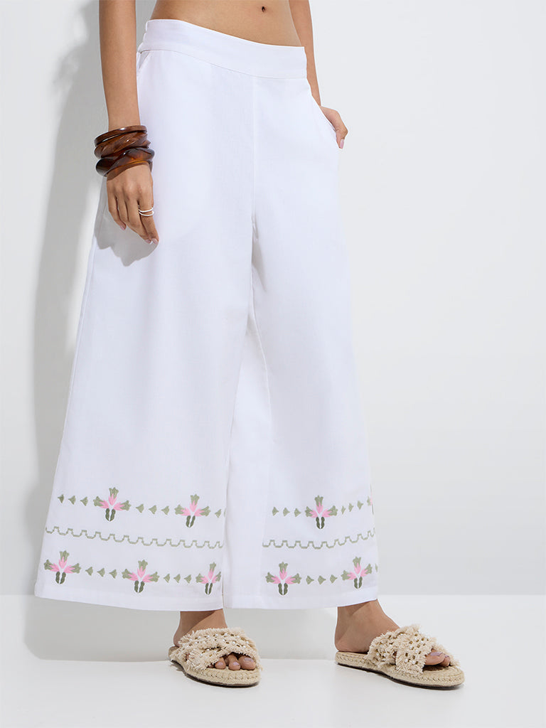 Bombay Paisley White Embroidered Cotton-Blend Palazzos - Image 2